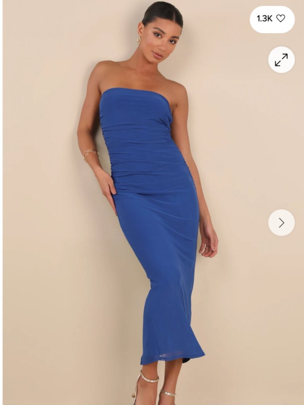 Lulu's Late Night Crush Royal Blue Mesh Ruched Strapless Midi Dress